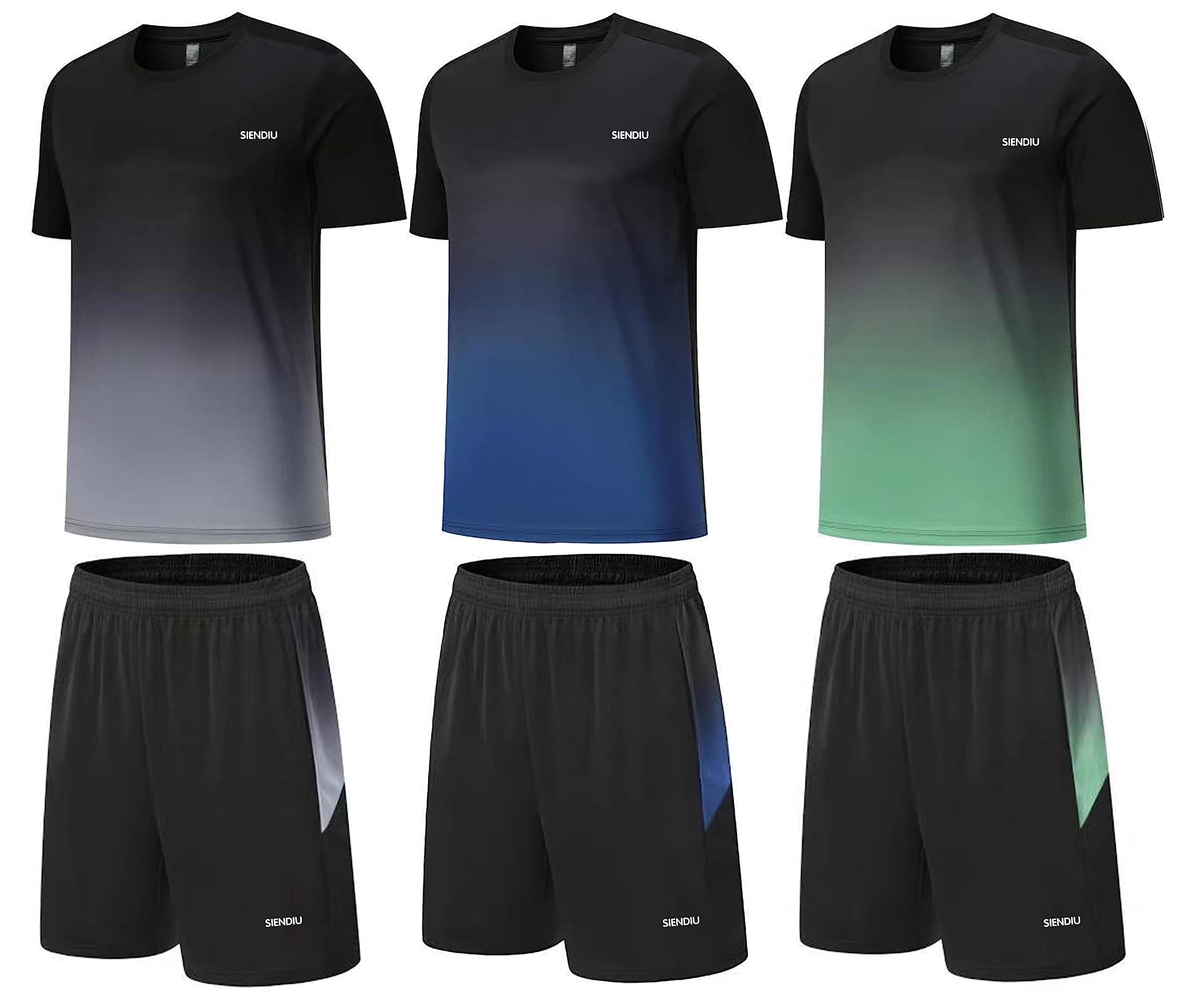 Men's Workout Sets Athletic Clothes Soccer Shirts Shorts 3 Pack Basketball Running Gym Fo…