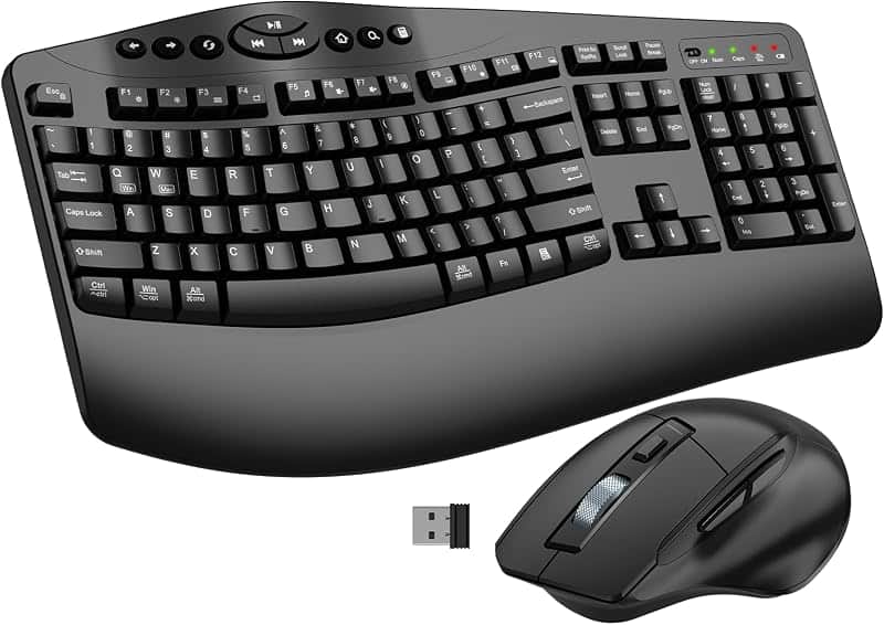 Ergonomic Wireless Keyboard and Mouse Combo, 2.4GHz Full Size Wave Keys Computer Keyboard…