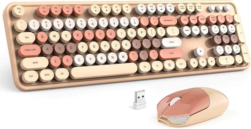 MOFII Wireless Keyboard and Mouse Combo, Milk Tea Colorful Round Key Typewriter Keyboards…
