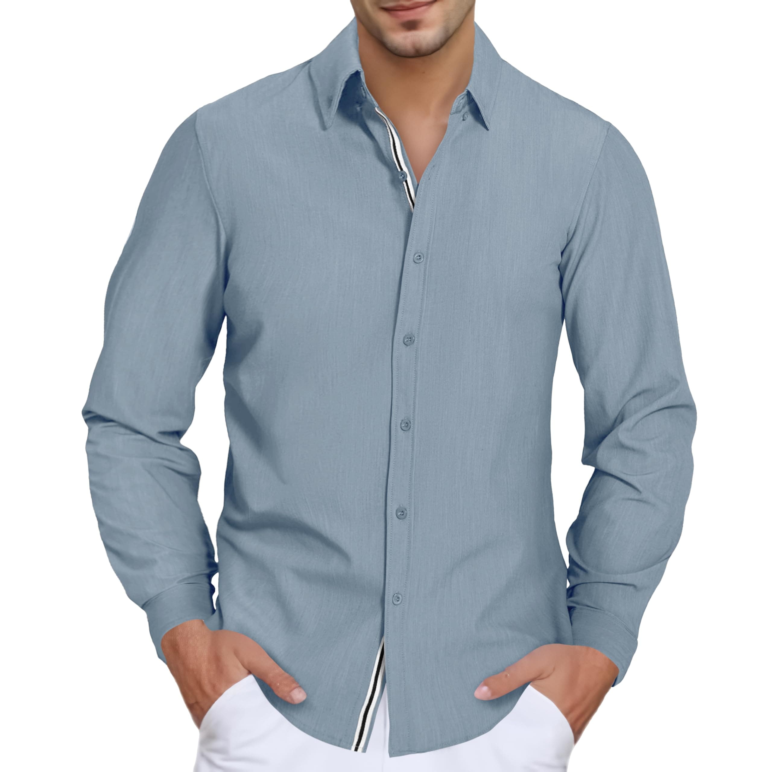 Men's Stretch Denim Dress Shirt Long Sleeve Casual Button Down Everyday Shirts Fall Winte…