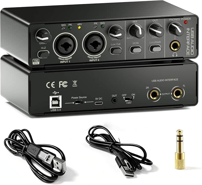 2X2 USB Audio Interface for PC Mac Laptop, 24Bit 192kHz for Computer Recording, Guitar, S…