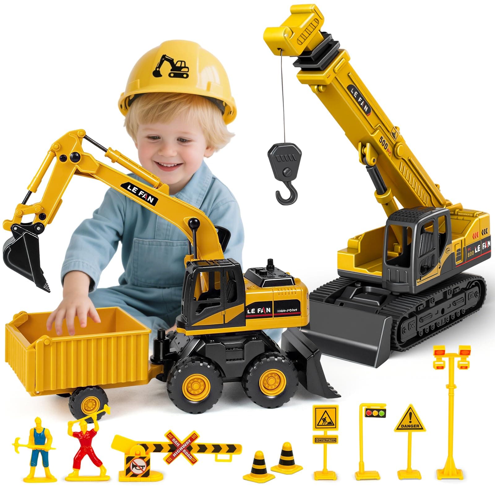 Kids Construction Toys for Boys - 3 in 1 Excavator, Crane and Dump Trucks