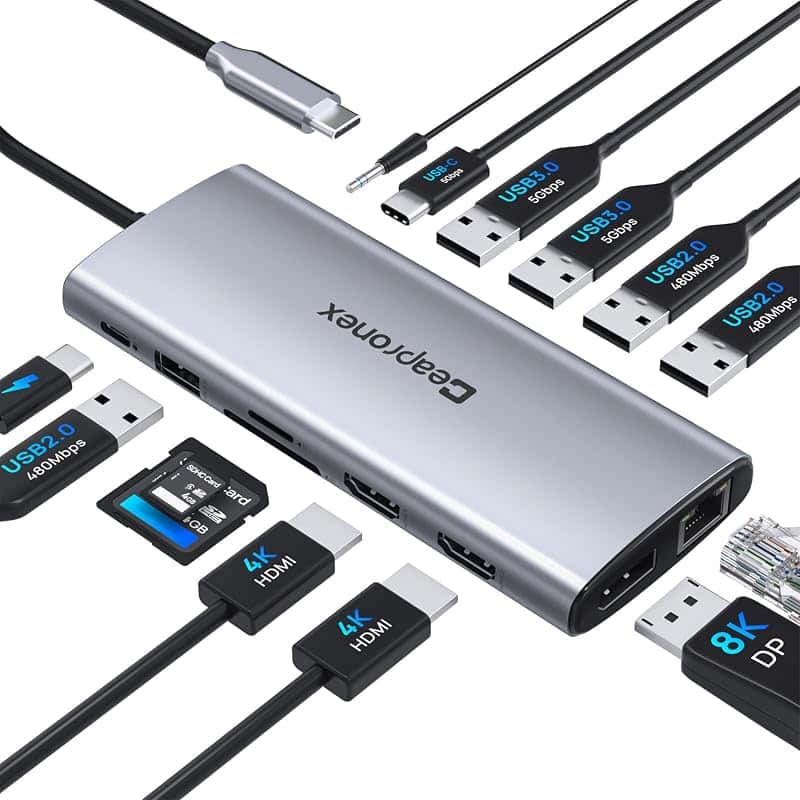 USB C Docking Station 14 in 1 with 2 HDMI 4K + DP 8K 3 Monitors Triple Display for Laptop…