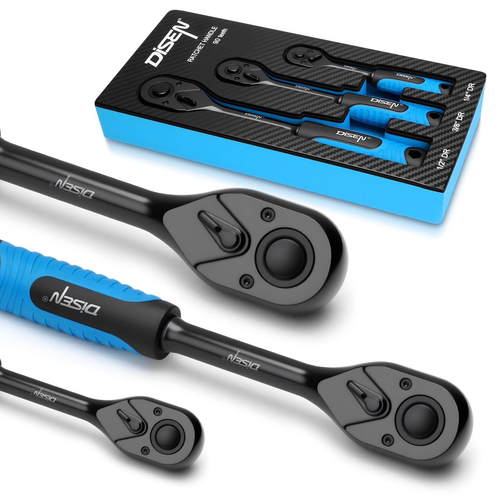 3PCS Black Ratchet Set (1/2", 3/8", 1/4" Drive) - 90-Tooth Drive Ratchet Socket Wrench Re…