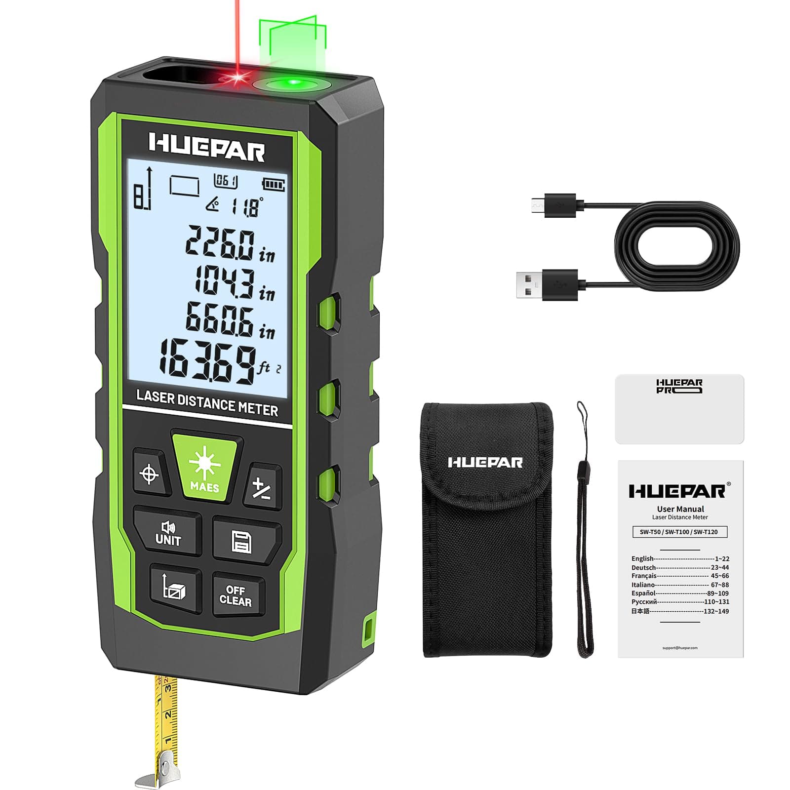 Laser Measuring Tool 3-in-1, Huepar 165 Ft Laser Measure & 33 Ft Green Cross Line Laser L…