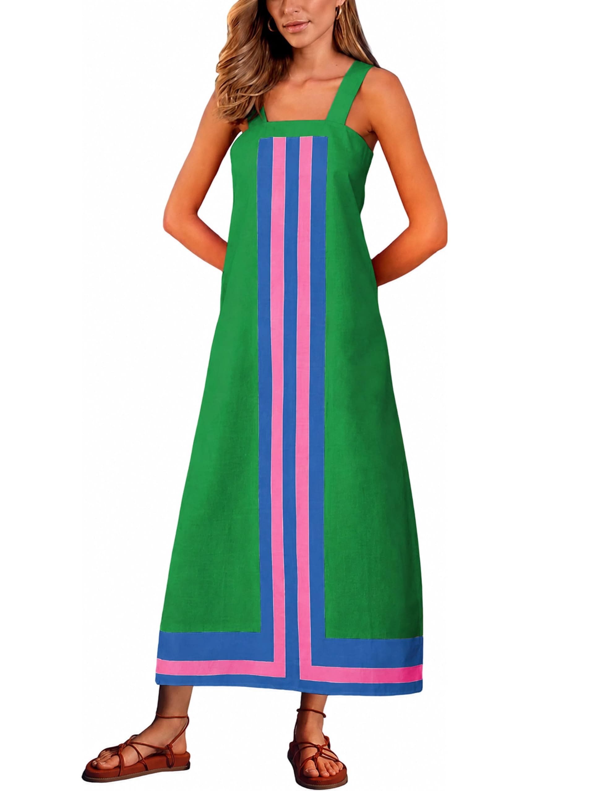 2026 Women Bohemian Summer Casual Color Block Maxi Beach Overall Dress Coverups