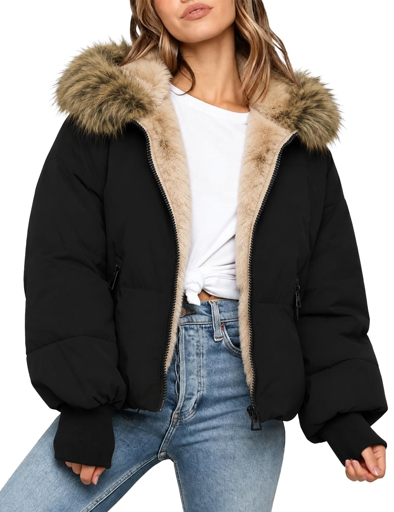 Womens Cropped Puffer Jacket Quilted Hooded Winter Coats
