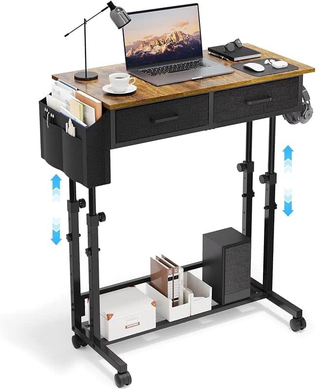 Small Rolling Standing Desk, Height Adjustable Mobile Sturdy Desk with 2 Fabric Drawers &…