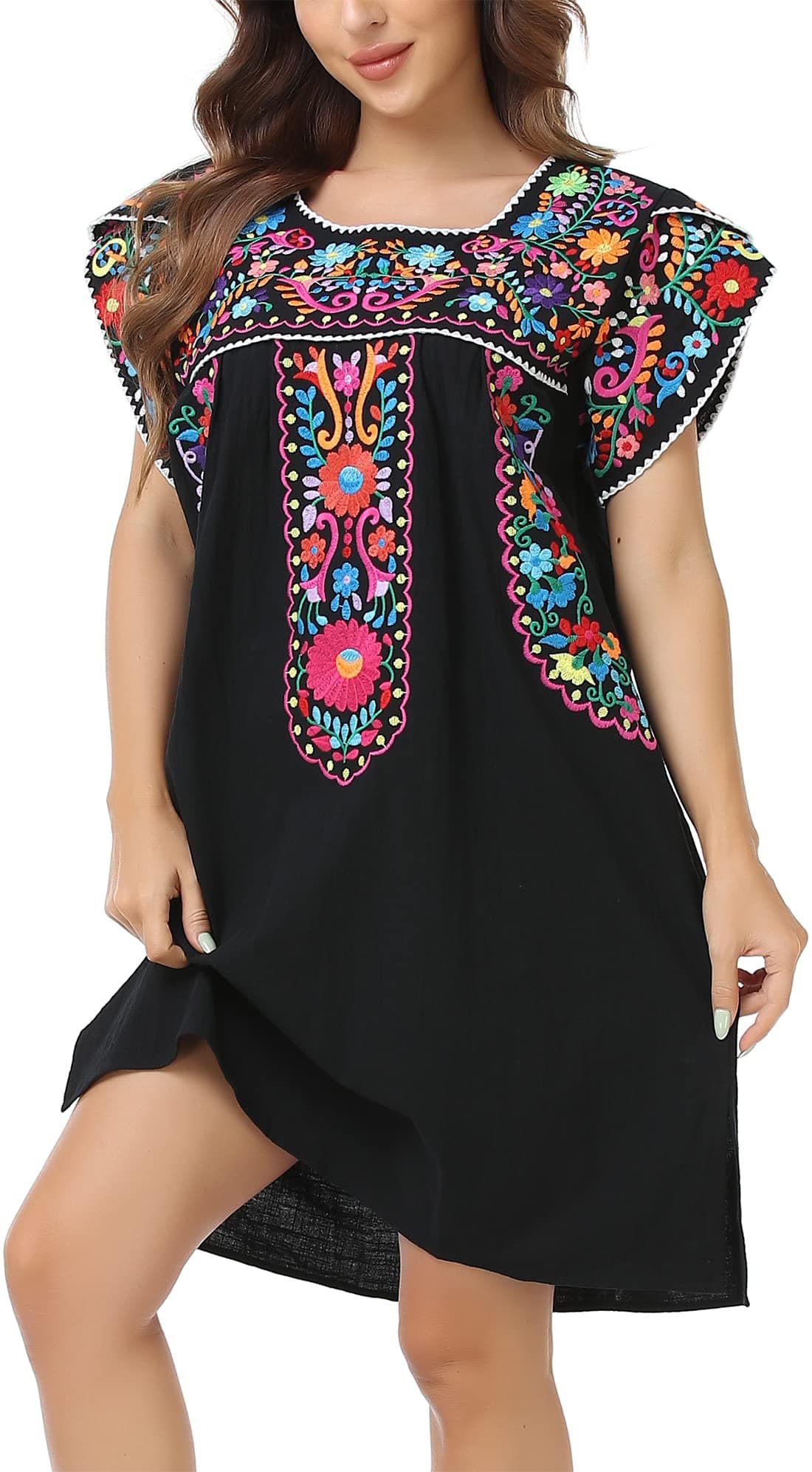 Women Summer Mexican Embroidered Boho Peasant Dress Petal Sleeve
