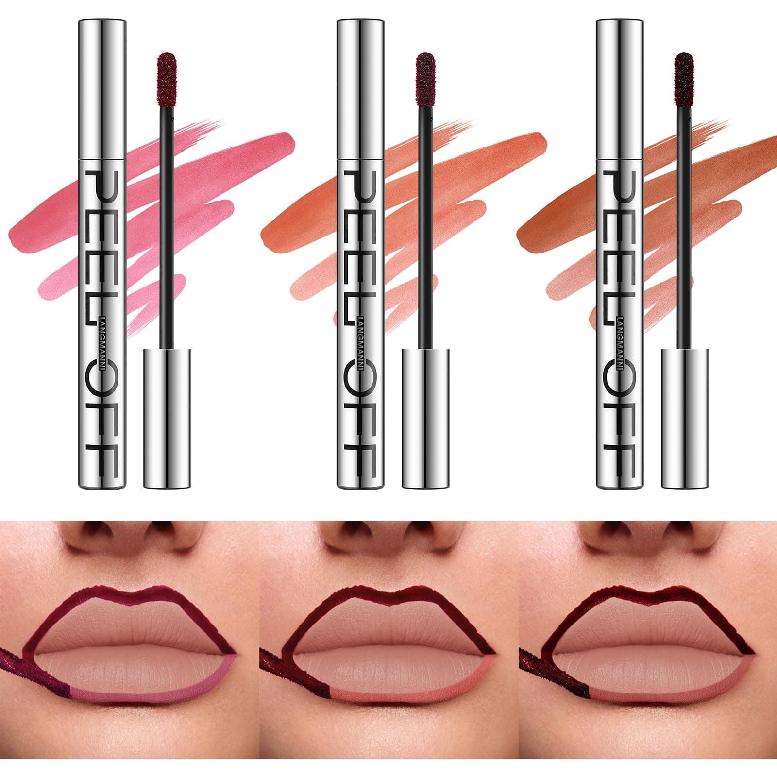 LANGMANNI 3 Colors Long-Lasting Peel Off Lip Liner Set, Waterproof & Smudge-Proof Matte L…