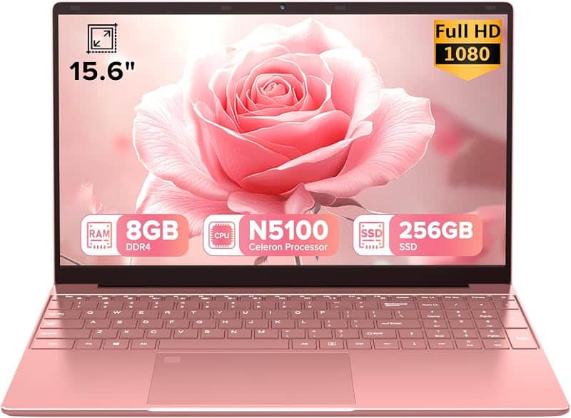 Pink Laptop, 15.6 Inch FHD IPS Student Laptop Computer, 8GB RAM 256GB SSD, Quad-Core N510…