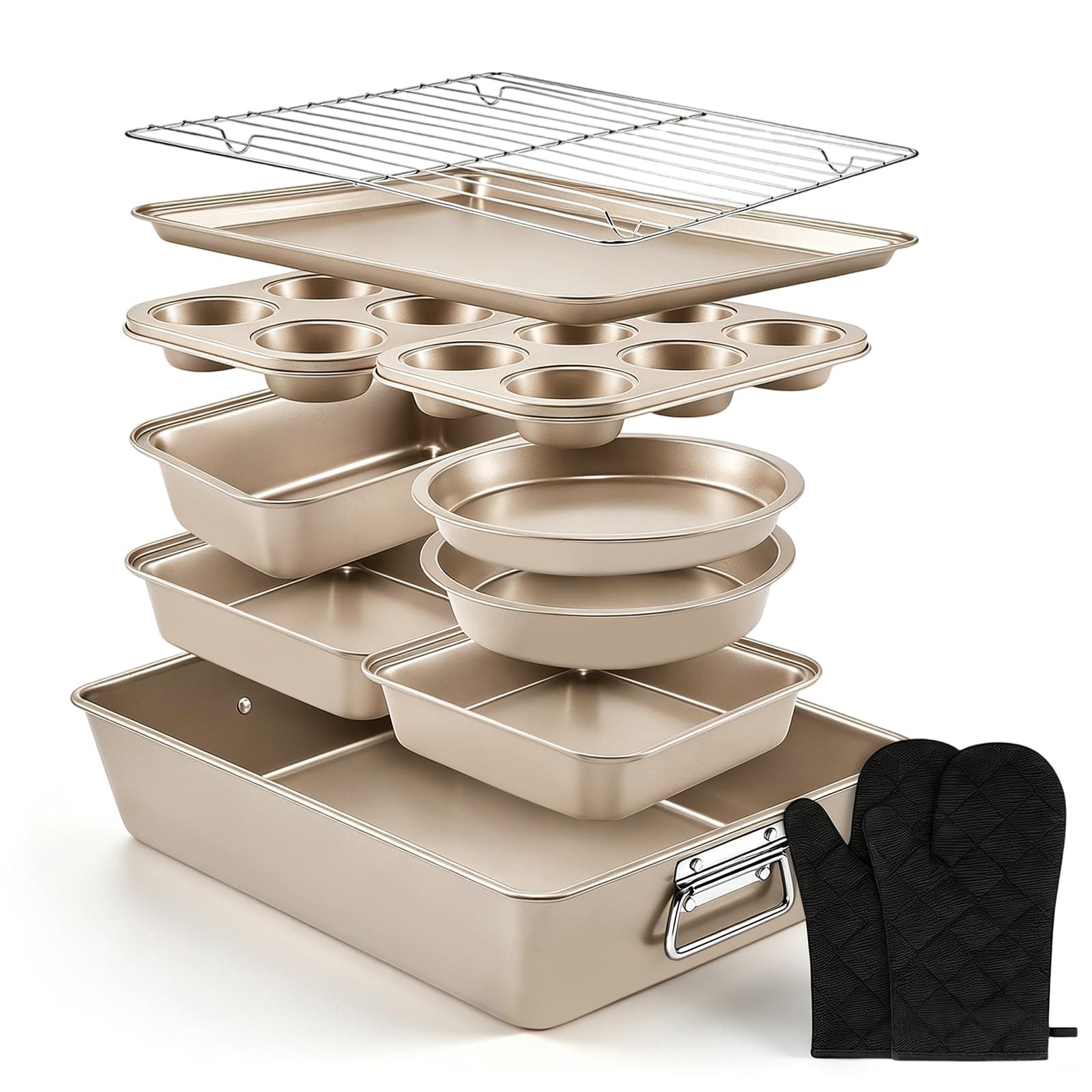 12PCS Champagne Gold Nonstick Bakeware Set, Non-Toxic Carbon Steel Baking Pans with Wide…
