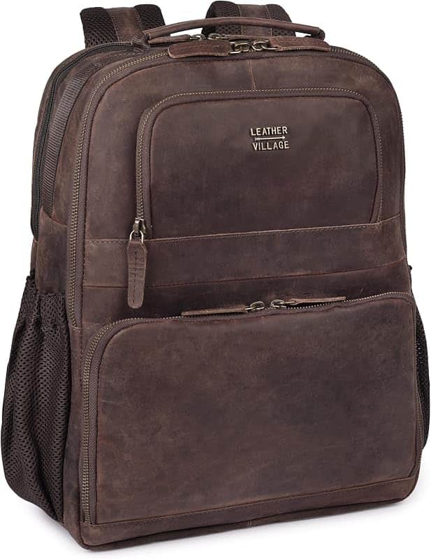 LEATHER VILLAGE Leather Backpack For Men Work, Mahagony Brown | Water-Repellent, Slim Bus…