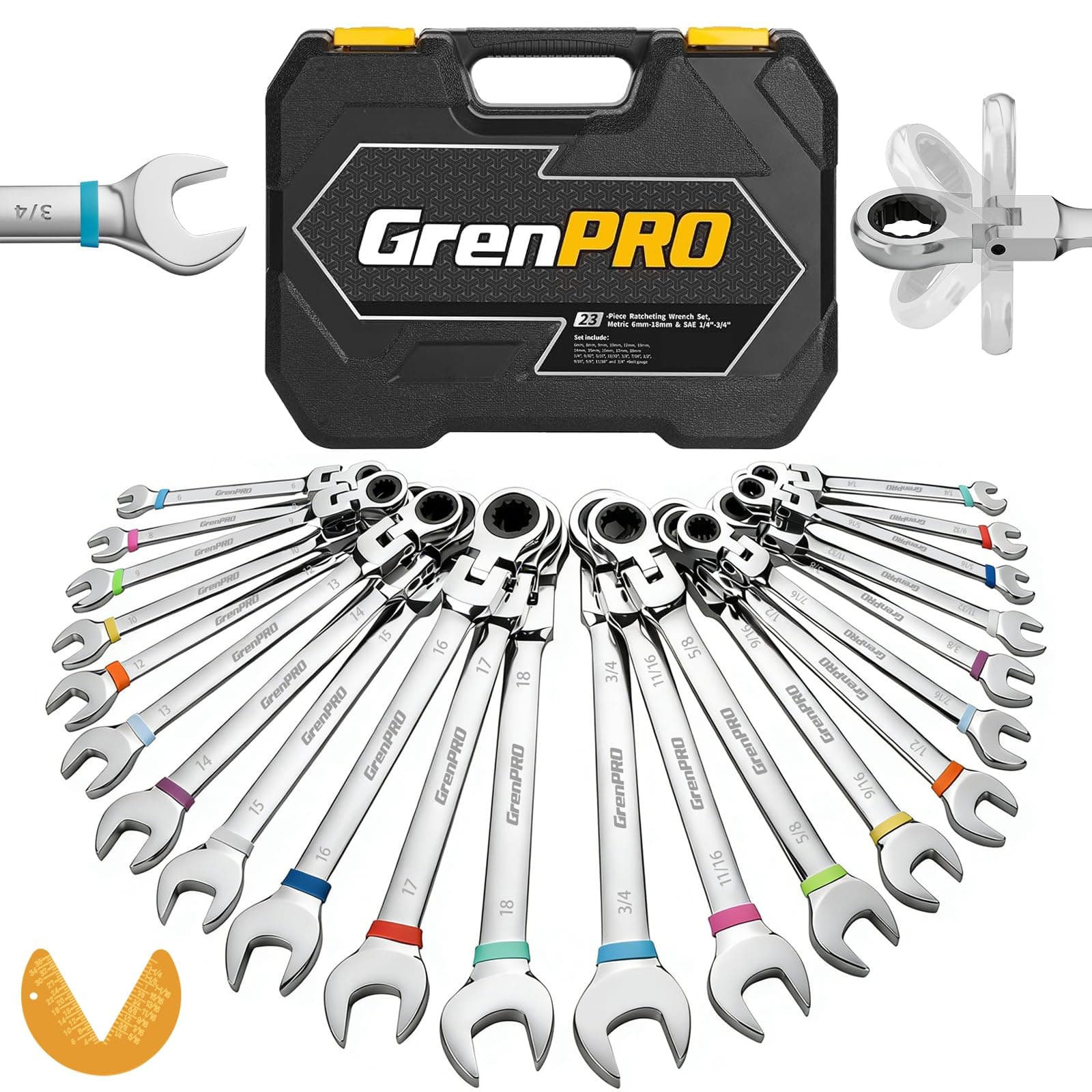 GRENPRO 23PC Flex Head Ratcheting Wrench Set Metric&SAE Combination OpenEnd | 1/4"-3/4"&6…