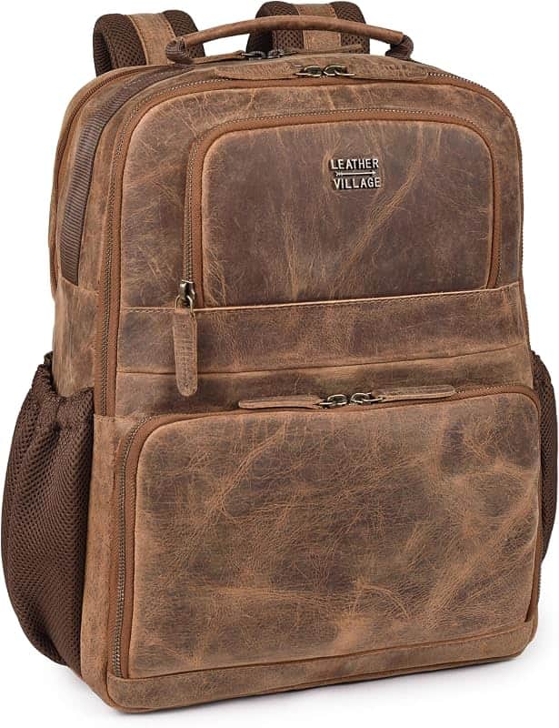 LEATHER VILLAGE Leather Backpack For Men Work, Rustic Brown | Water-Repellent, Slim Busin…