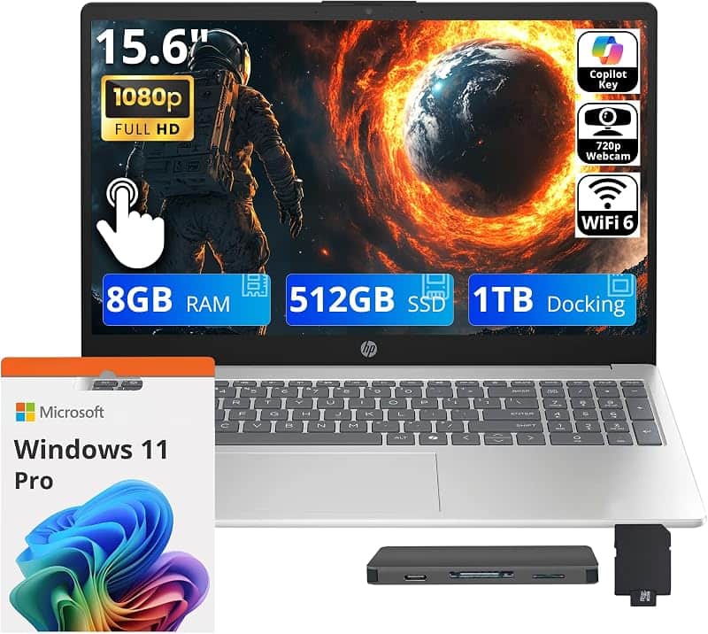 15.6" FHD IPS Touchscreen Laptop, AMD Ryzen 5 7520U, 8GB RAM, 1.5TB Storage (512GB SSD+1T…