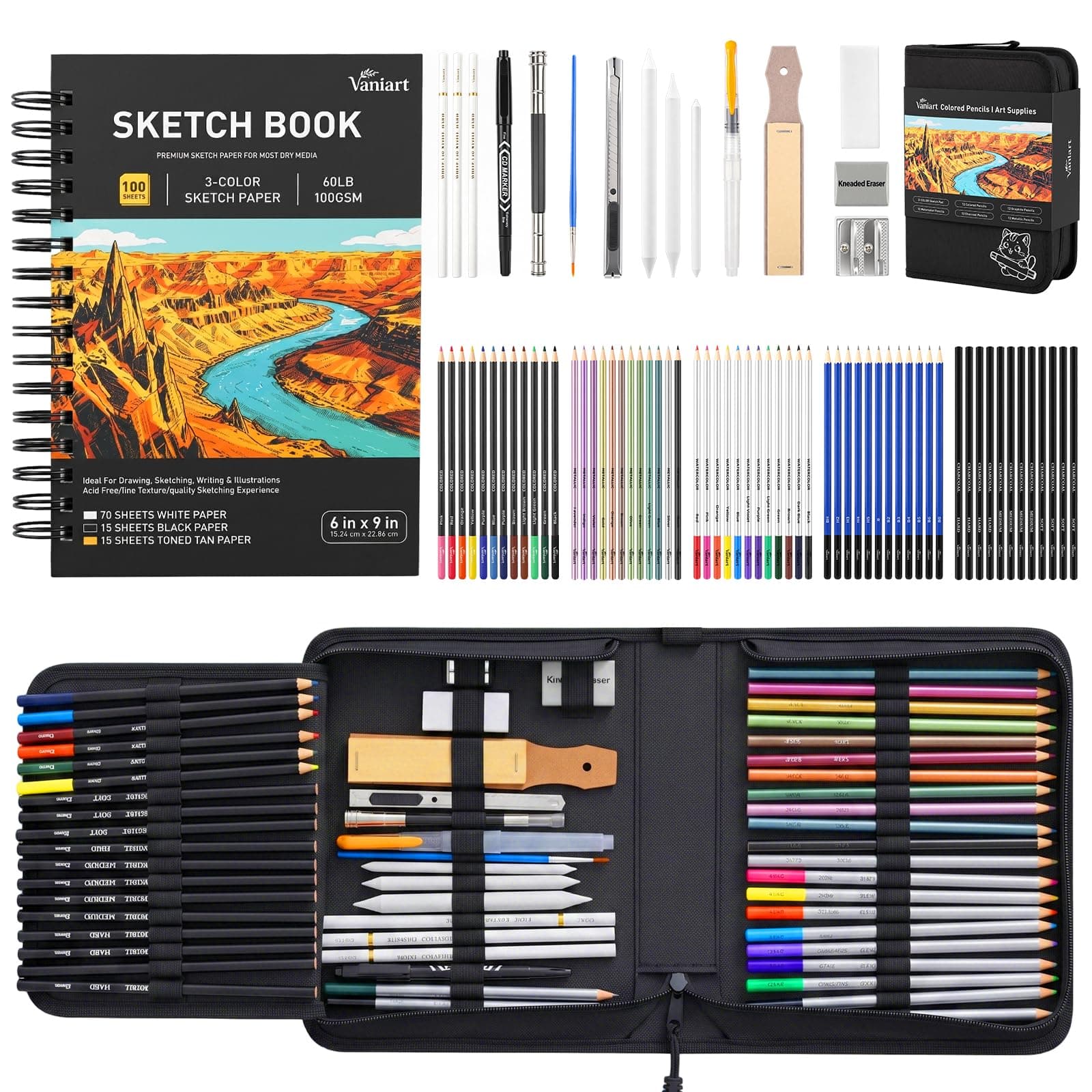 Vaniart 176PCS Art Supplies, Drawing Kit with 3-Color 100 Sheets Sketchbook | 63 Count Ch…