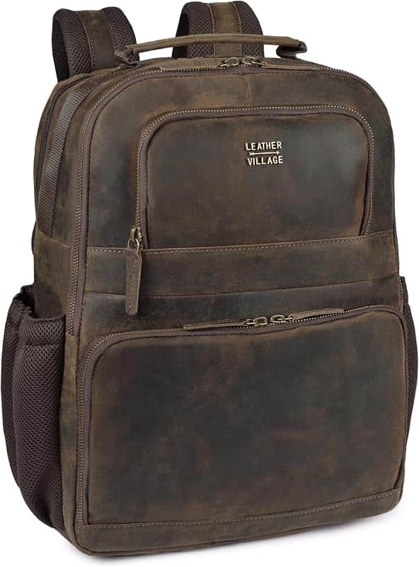 LEATHER VILLAGE Leather Backpack For Men Work, Distressed Brown | Water-Repellent, Slim B…