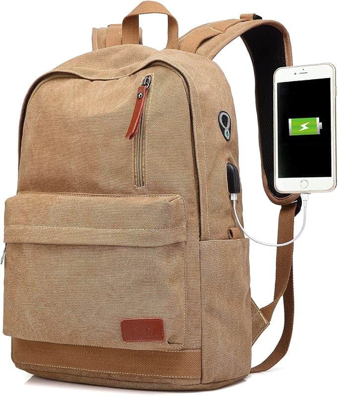 Canvas Laptop Backpack, Waterproof School Backpack With USB Charging College