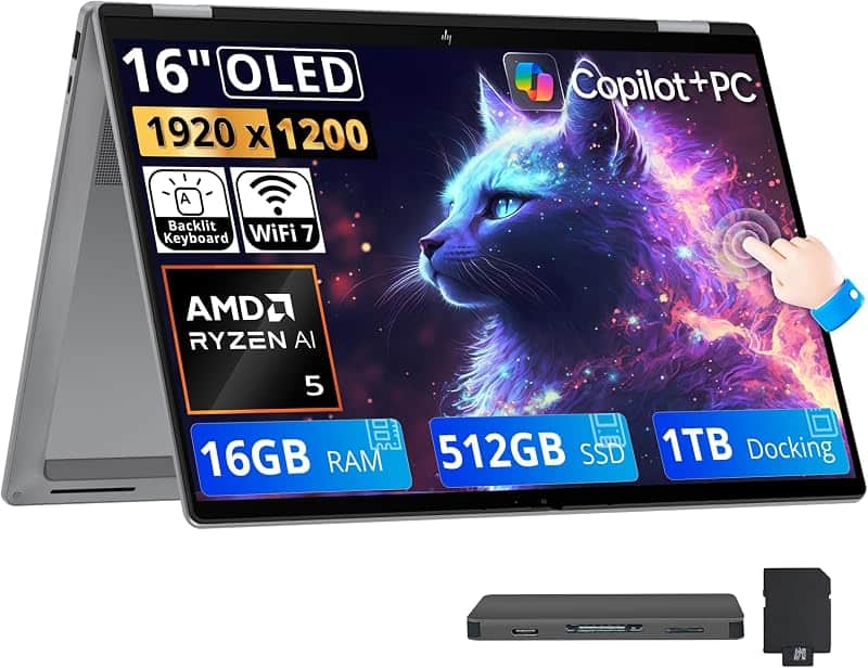 OmniBook X Flip 2-in-1 16" FHD+ OLED Touch Laptop, AMD Ryzen AI 5 430, 16GB RAM, 1.5TB St…