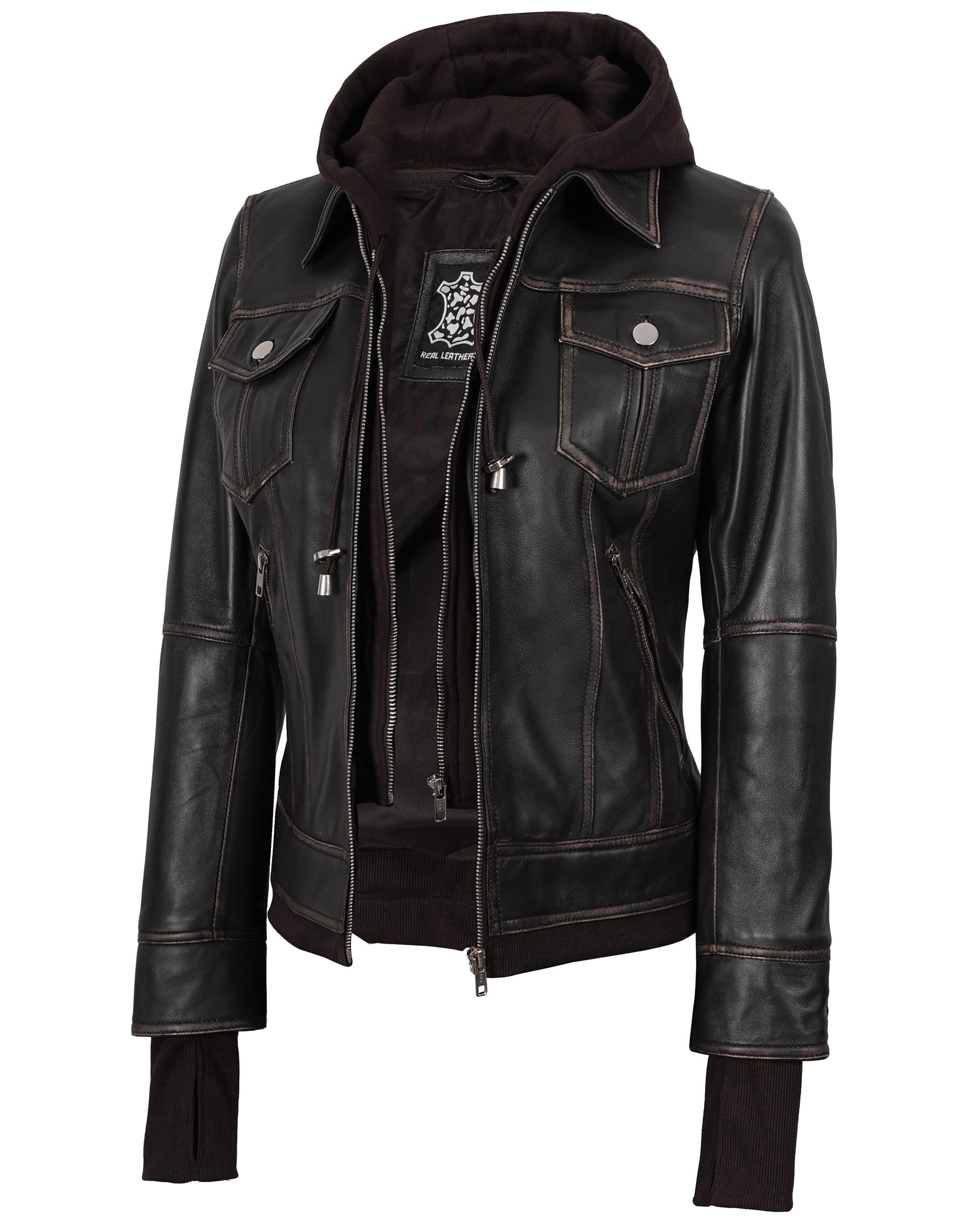 Blingsoul Womens Leather Jacket with Detachable Hood - Real Lambskin Bomber Jacket Thumbh…