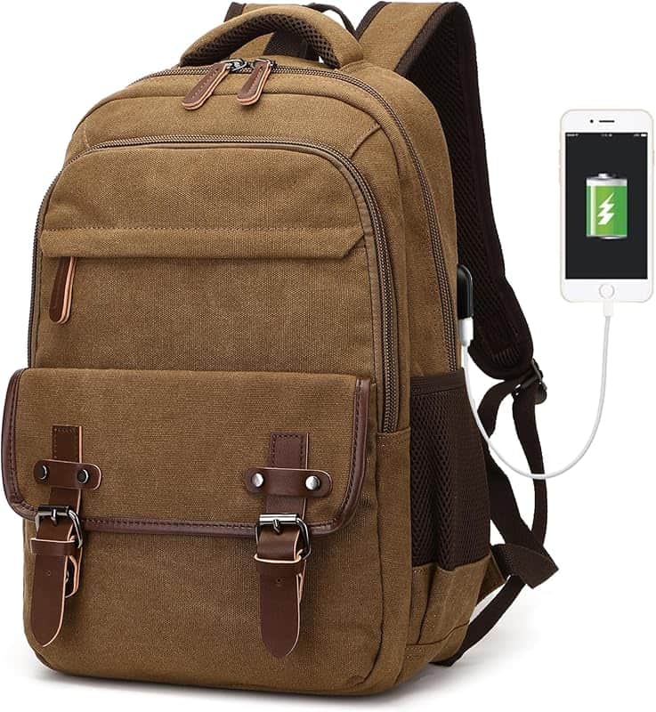 Canvas Laptop Backpack with USB Charging Port, Vintage Daypack for Men Women, Brown Trave…