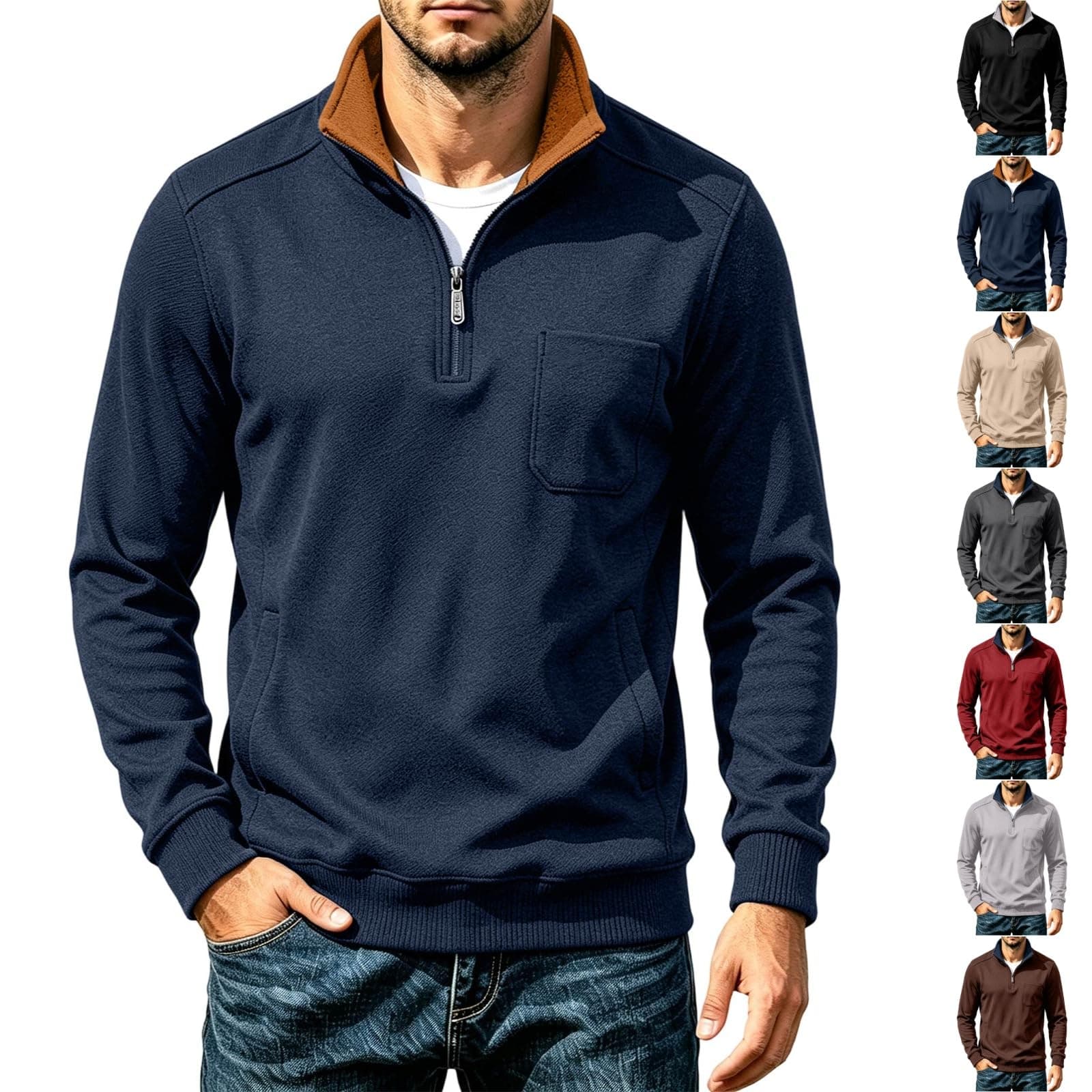Quarter Zip Men Mock Neck Long Sleeve Oversized Fleece Sweatshirts