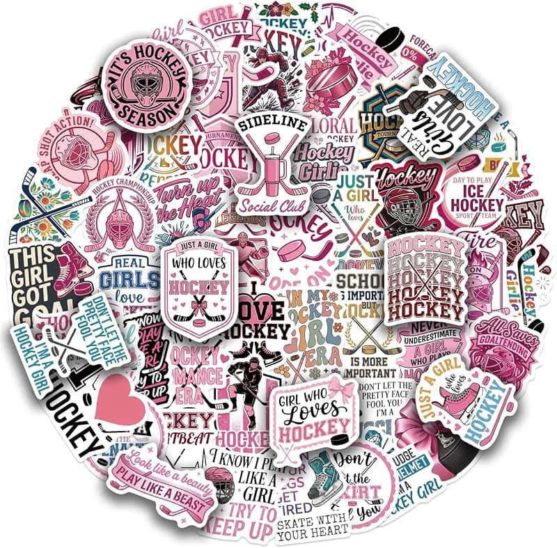 50pcs Ice Hockey Stickers, Pink Girl Sport Stickers Waterproof for Laptop Water Bottles S…