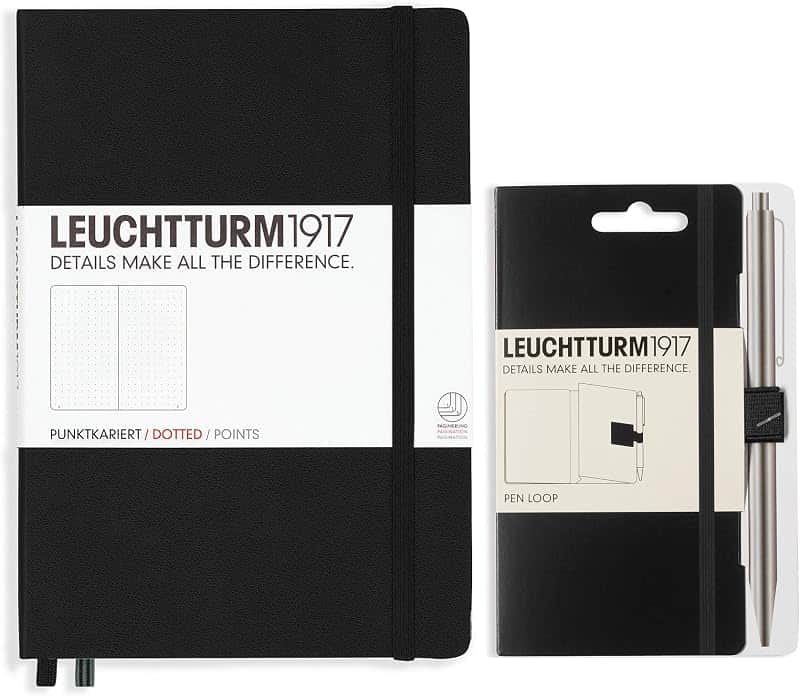 Leuchtturm1917 Hardcover A5 Medium Dotted Notebook, Black with Matching Pen Loop