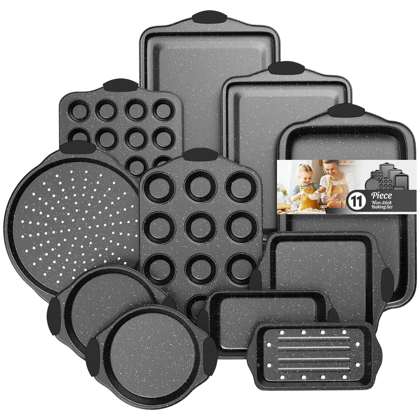 11-Piece Nonstick Baking Pans Set, Stackable Bakeware Sets, Black | Oven Pans for Baking…