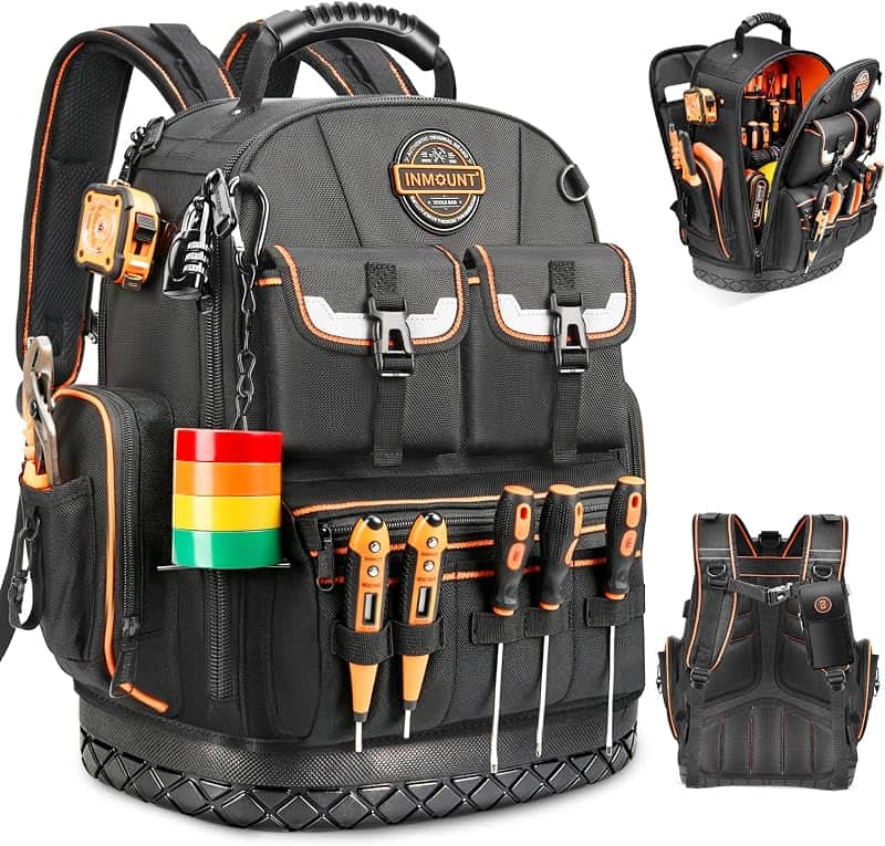 Tool Backpack Heavy Duty, 18.5 in, 56 Pockets, Molded Bottom, Black | 1680D Water-Resista…